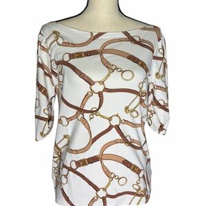 Ralph Lauren White and Brown Equestrian Print Top